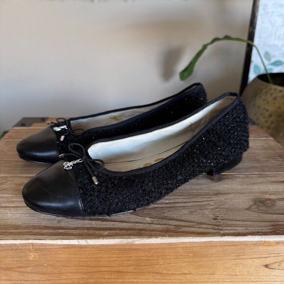 Sam Edelman Sara Black Leather Cap Toe Shimmer Boucle Tweed Ballet Flat Size 8.5 - Picture 1 of 16